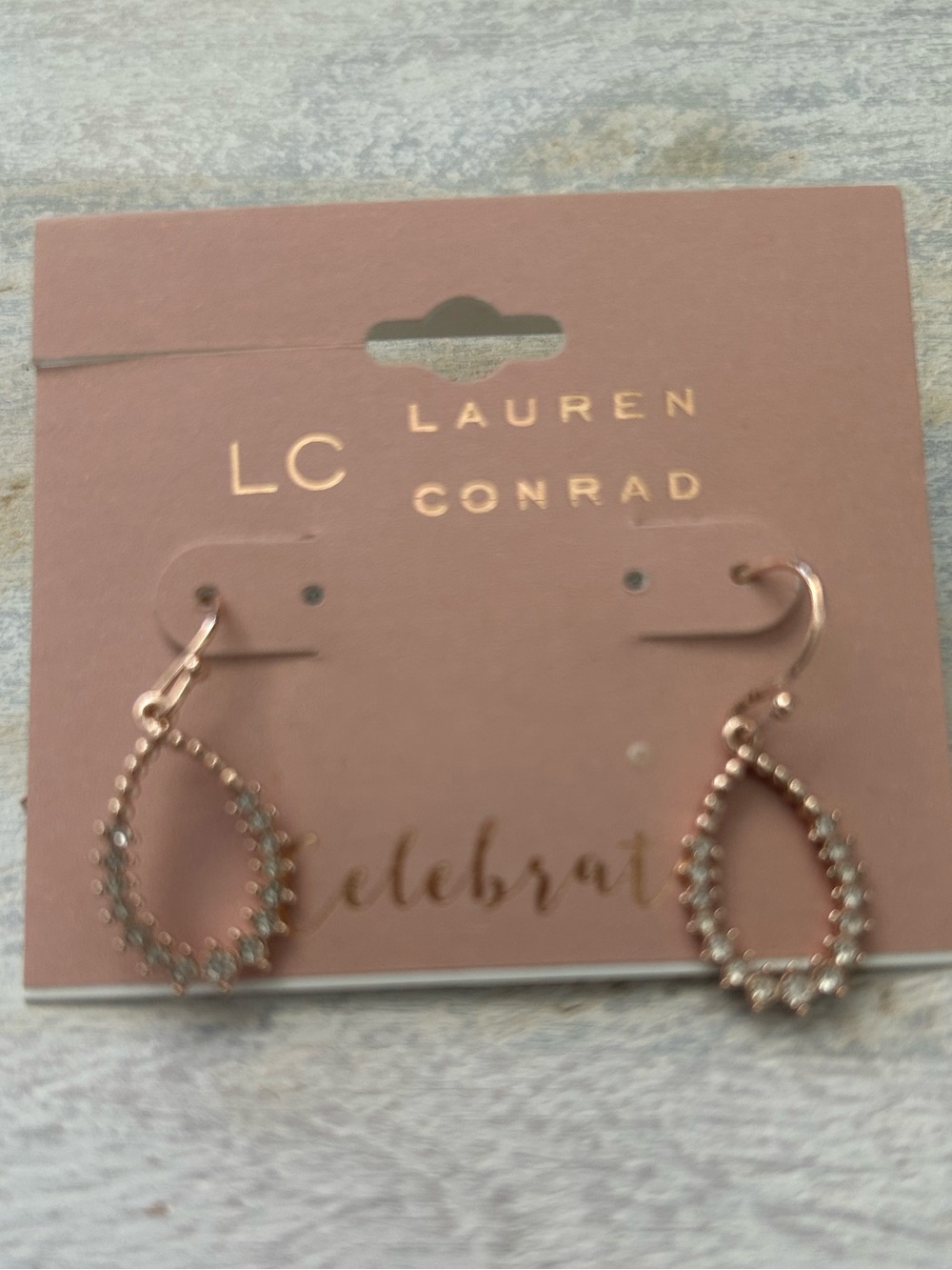 NWT LC Lauren Conrad Rose Gold Open Teardrop Earrings with Clear RhineStones